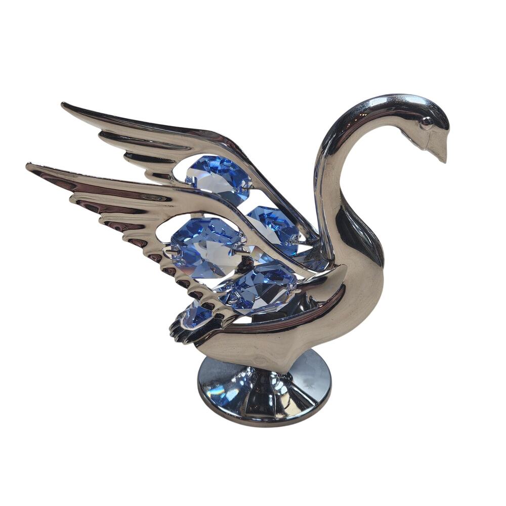 Mascot Chrome Plated Swan Figurine with Sapphire Blue Austrian Crystals Vintage